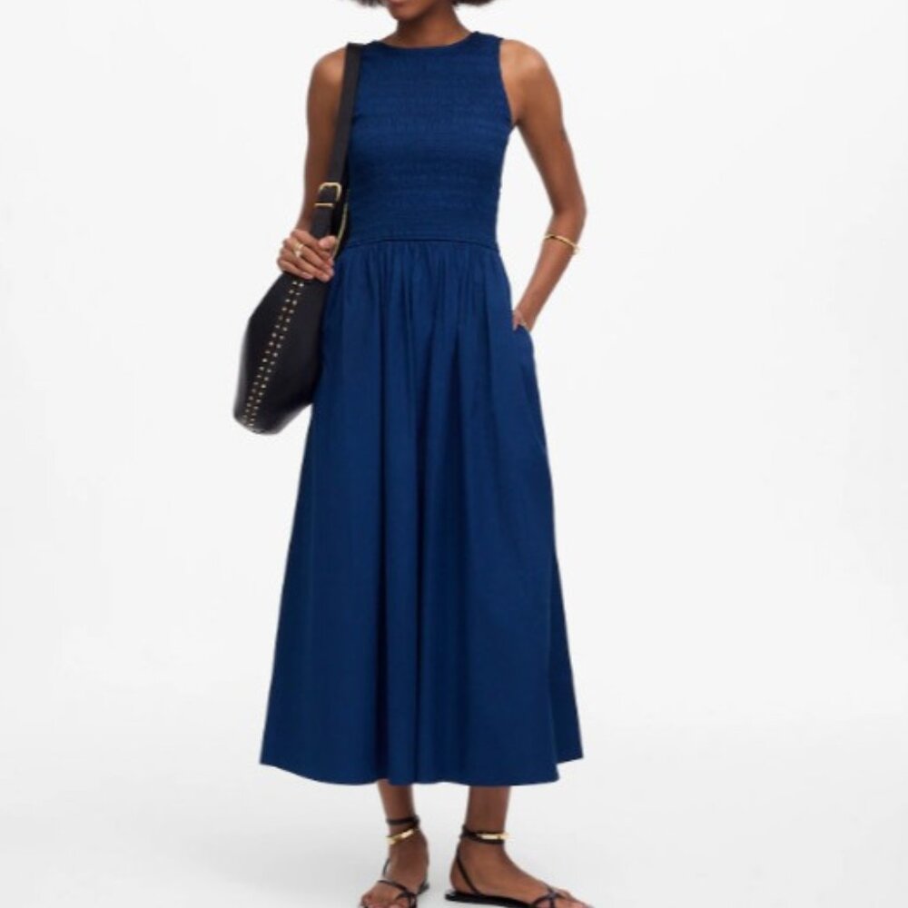 Madewell‎ Women's PXXL Melody Scoopback Smocked Midi Dress Blue NWT